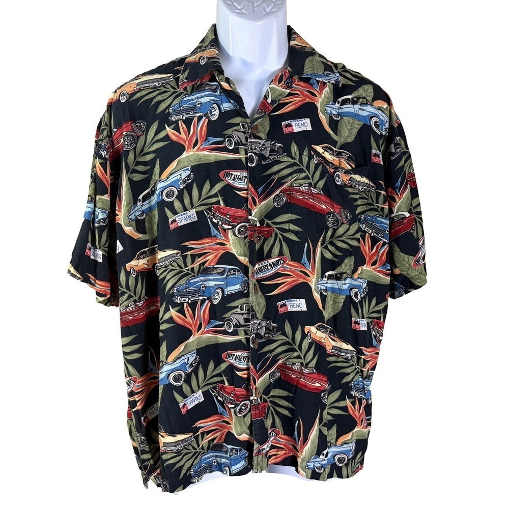 Hot August Nights Button Up Shirt Mens L Blk Vintage Car 20th Anniversary‎ Rayon